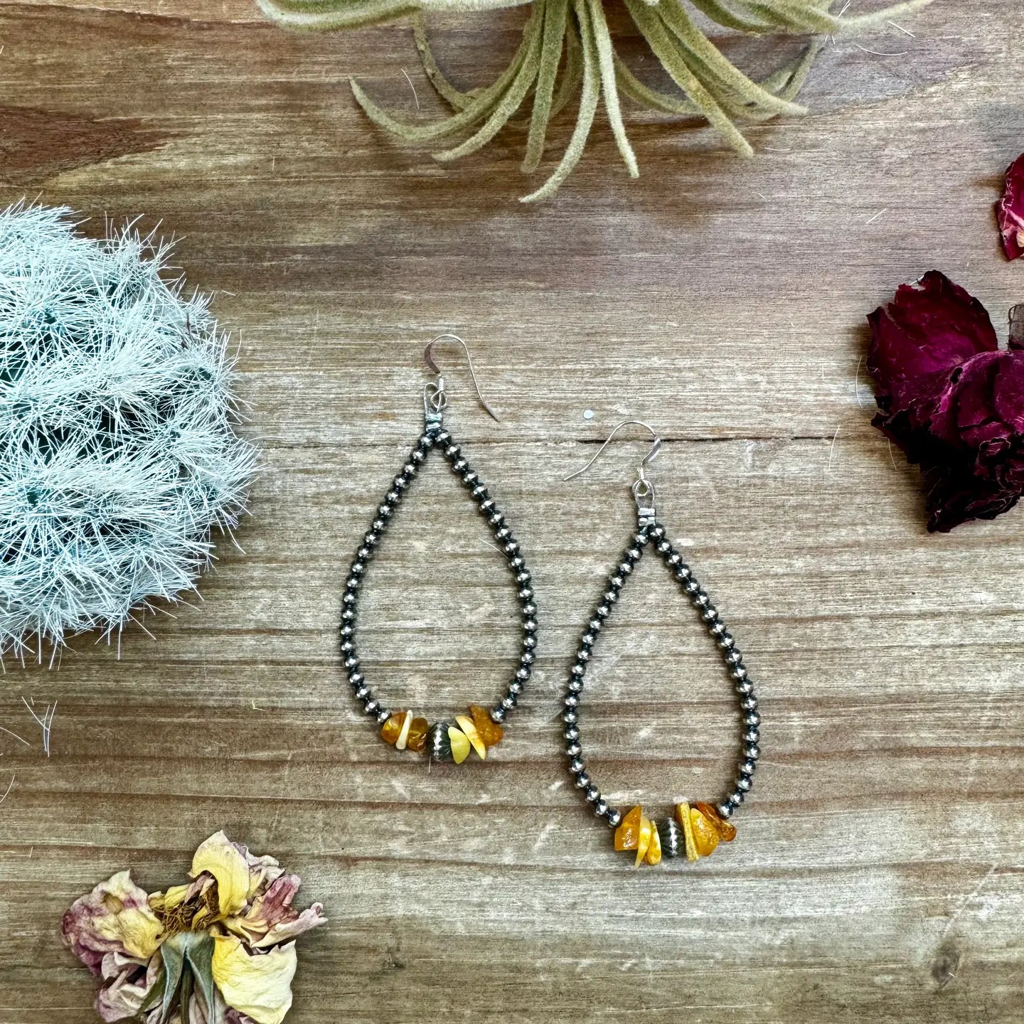 Sterling Silver Teardrop with Yellow Amber Earrings