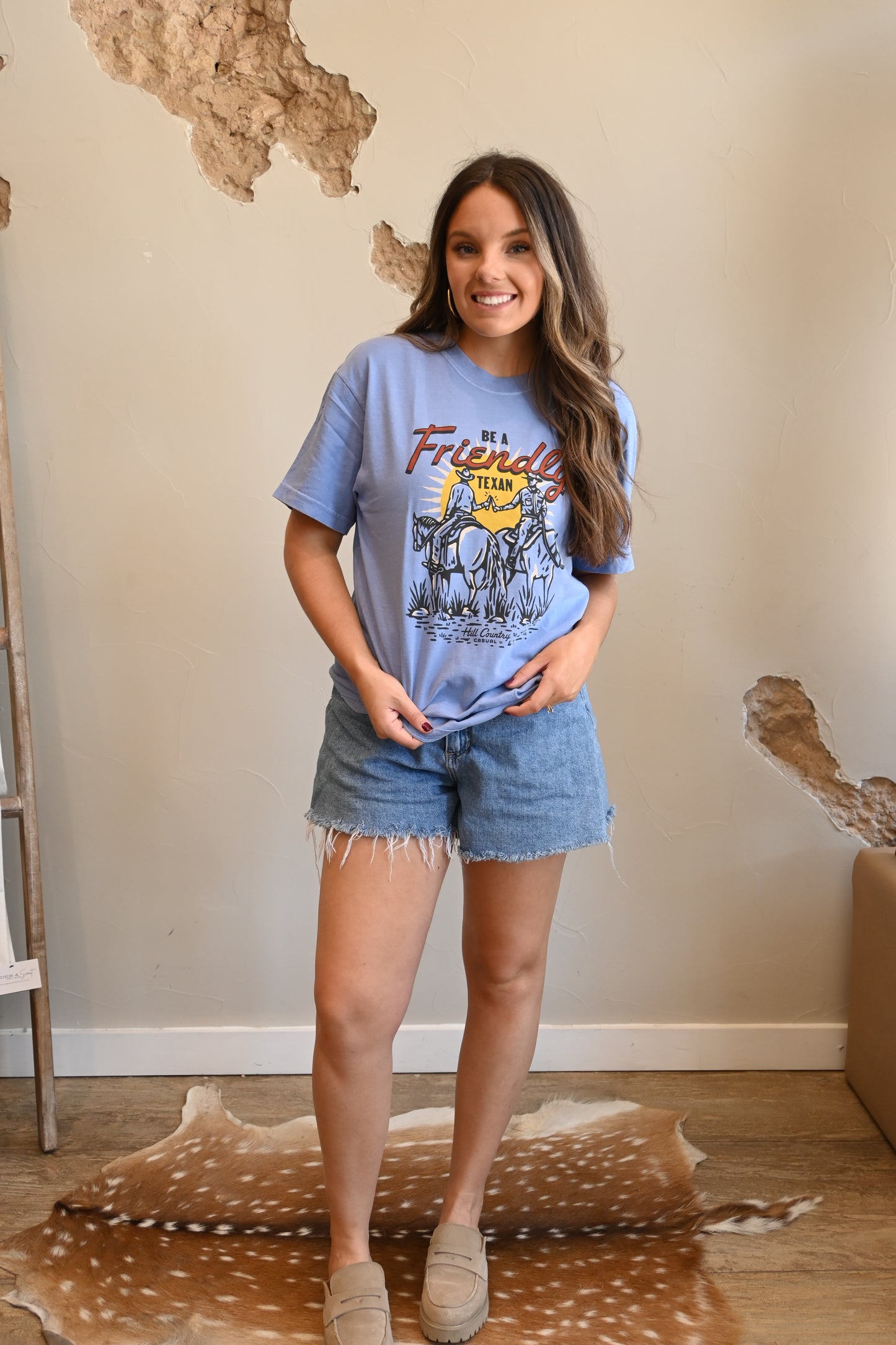 Be a Friendly Texan Washed Denim Graphic Tee