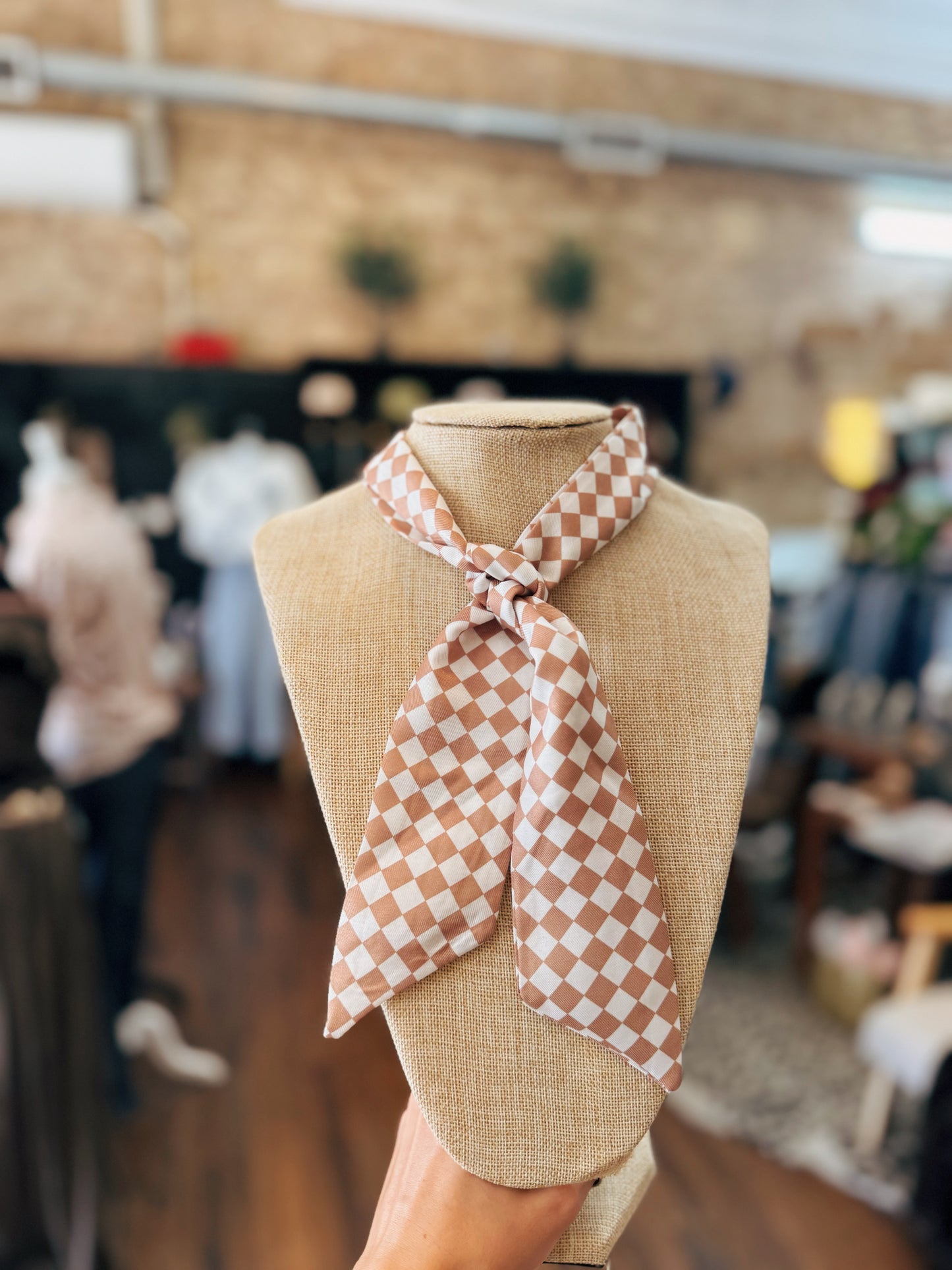 Taupe Checkered Satin Scarf