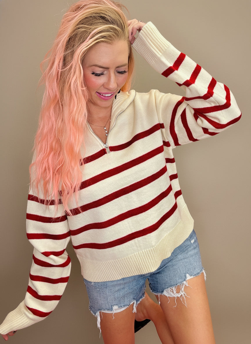 Striped & Sophisticated Half-Zip Sweater