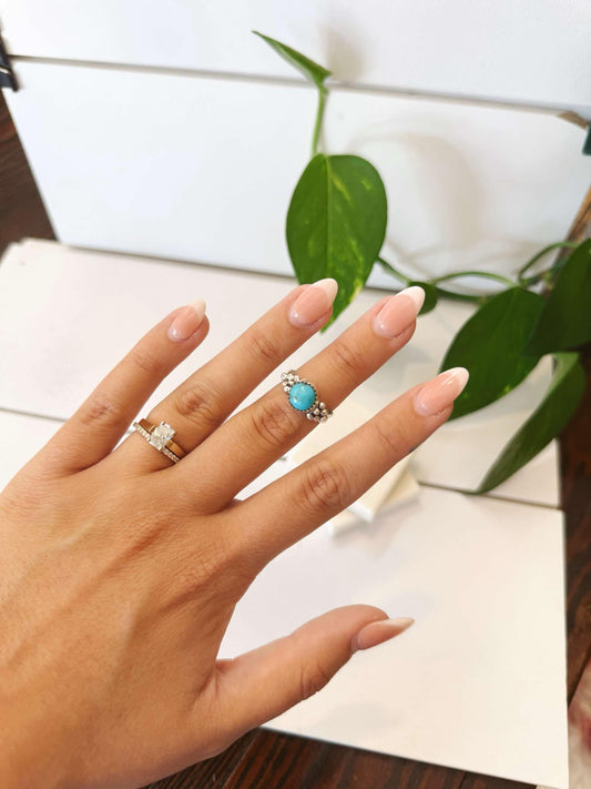 Hand wearing a turquoise ring with a white background and green leaves.