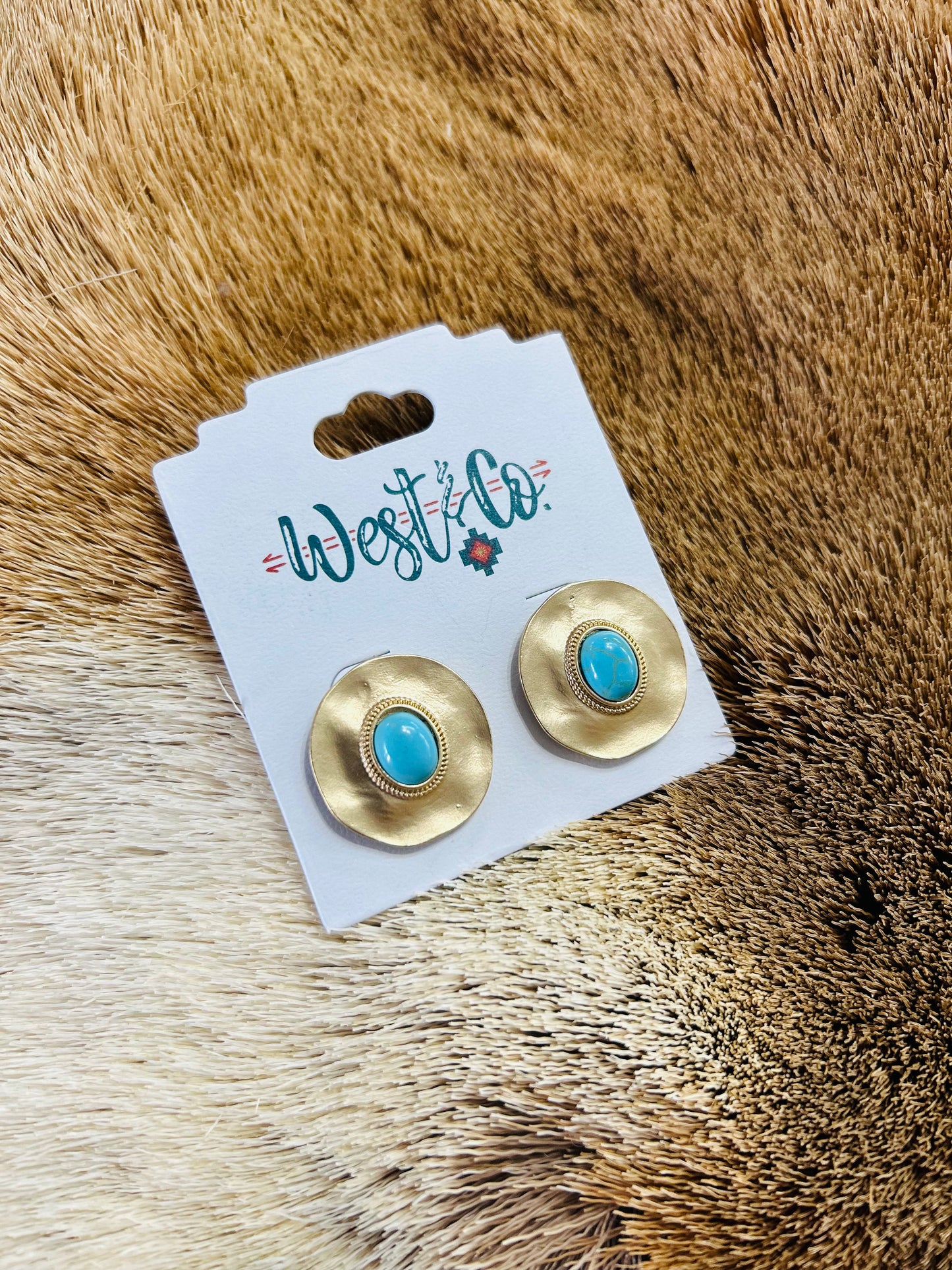 Oval Gold Post Earrings with Turquoise Accent