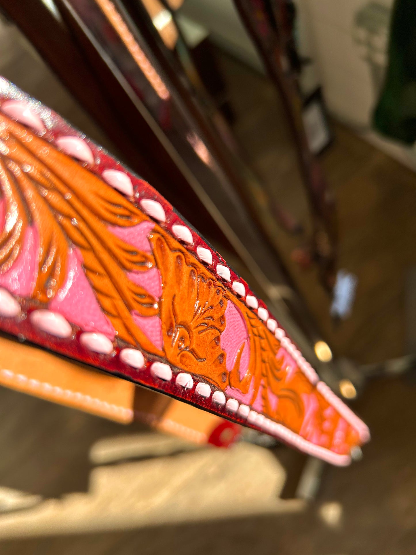Pink Tooled Leather Bag Strap