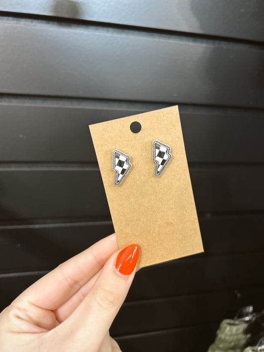 Checkered Lightning Bolt Stud Earrings