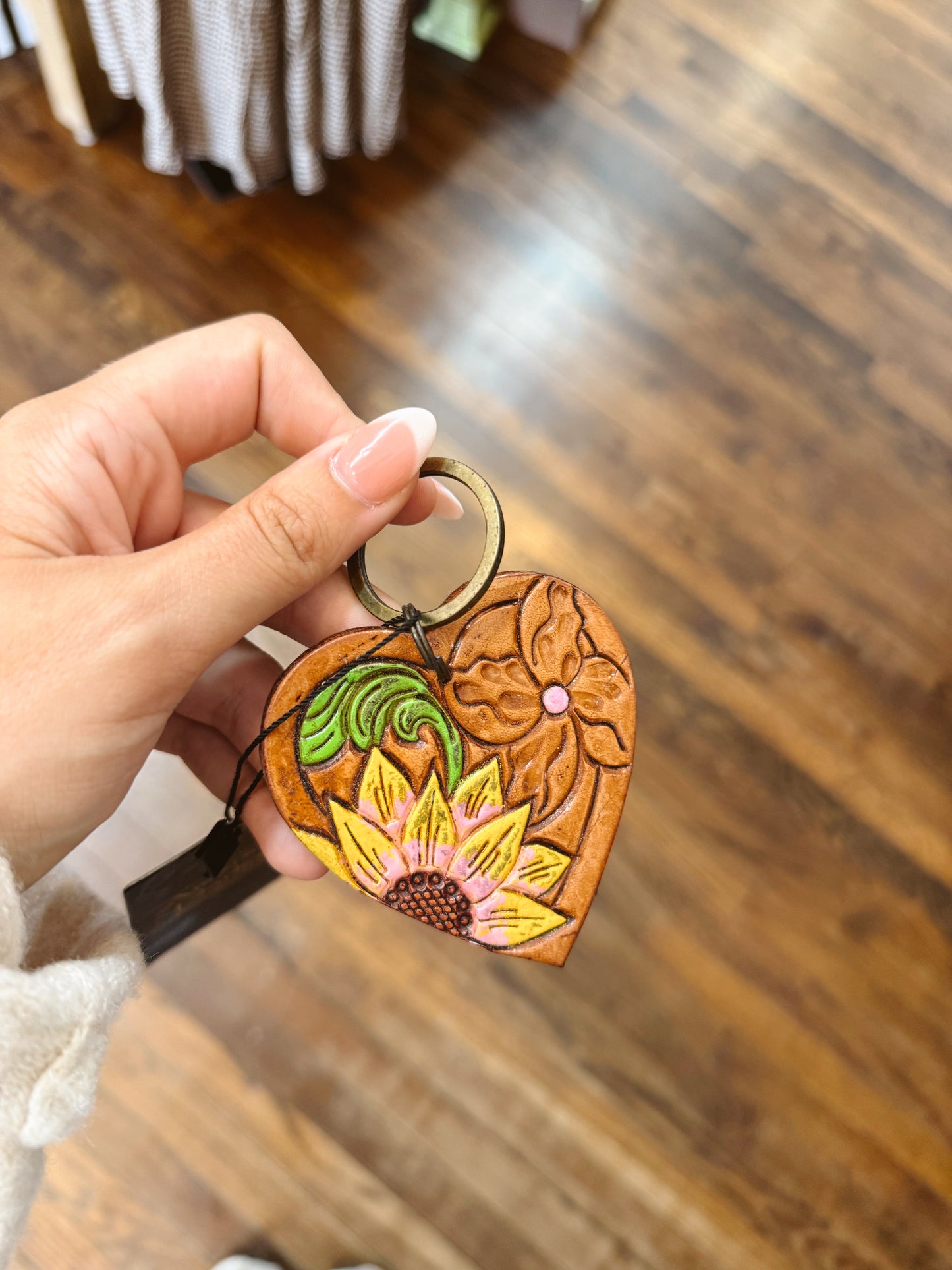 Sunflower Hand Tooled Carved Genuine Leather Keyring