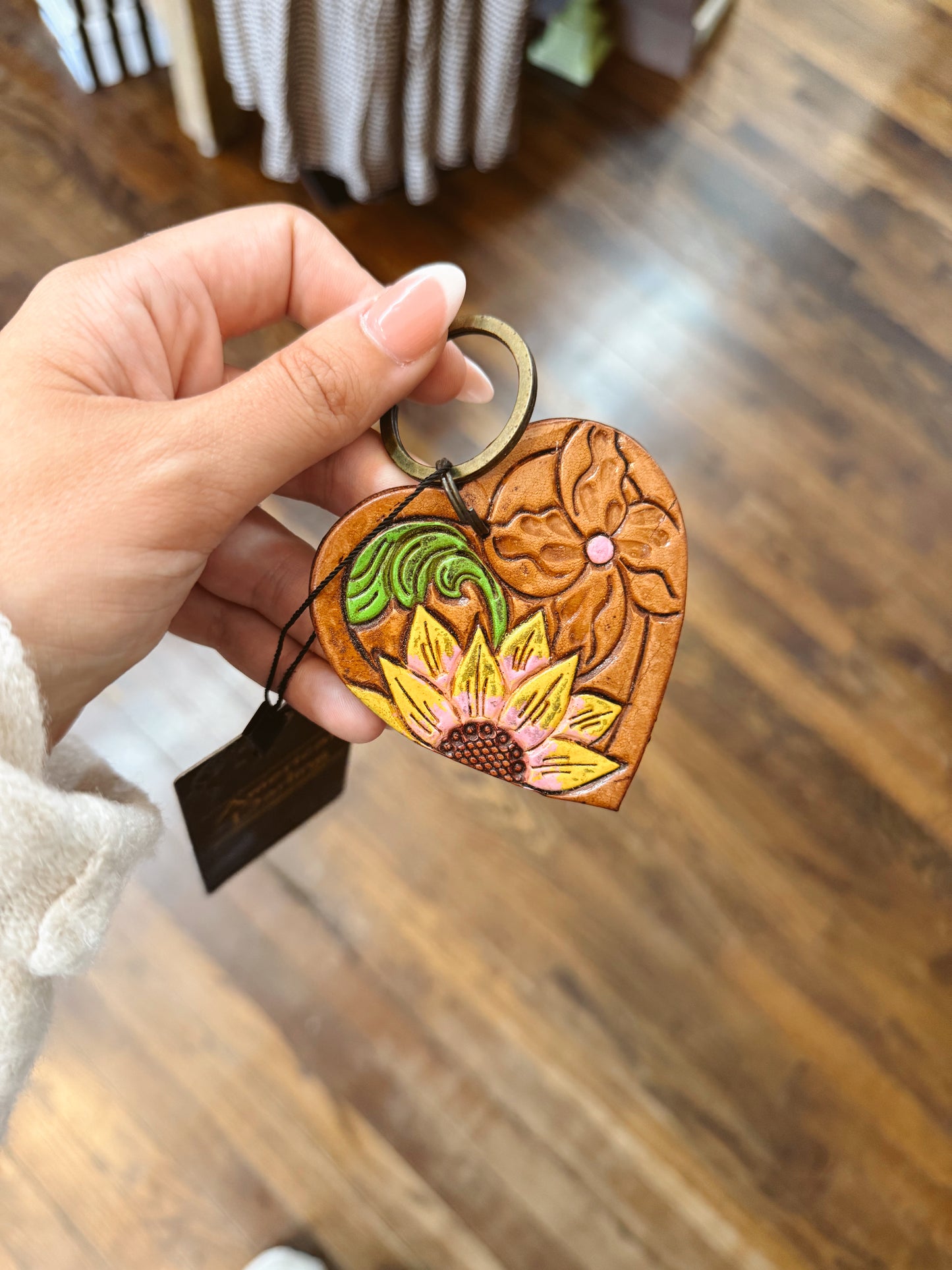 Sunflower Hand Tooled Carved Genuine Leather Keyring