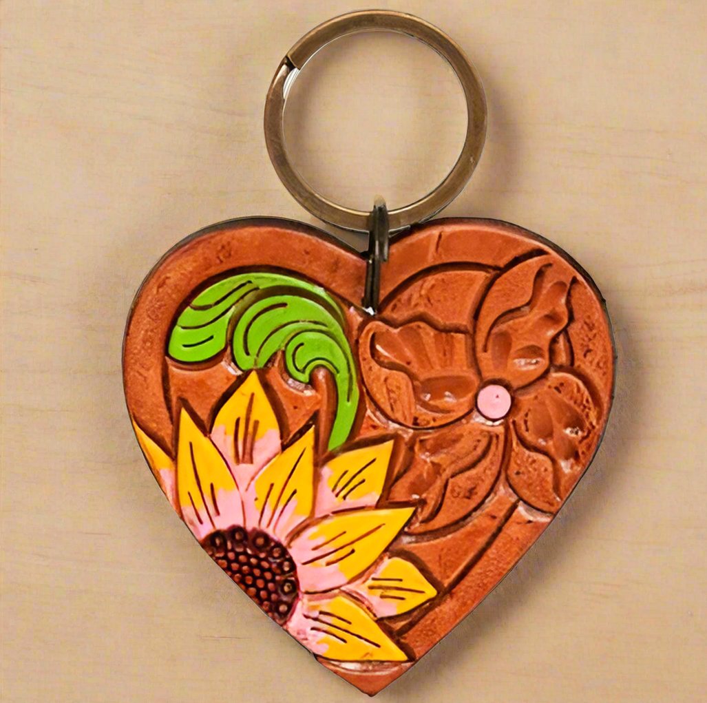 Sunflower Hand Tooled Carved Genuine Leather Keyring