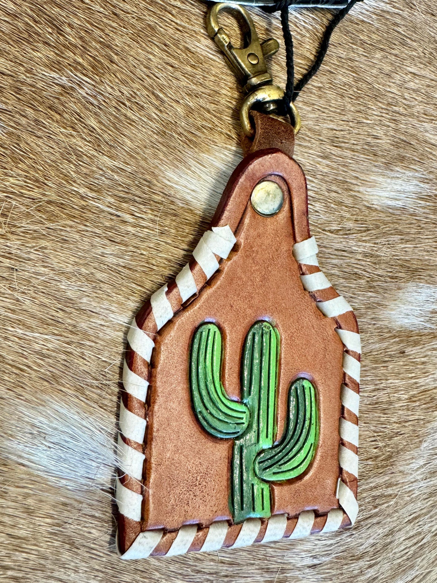Cactus Hand Tooled Carved Genuine Leather Keyring