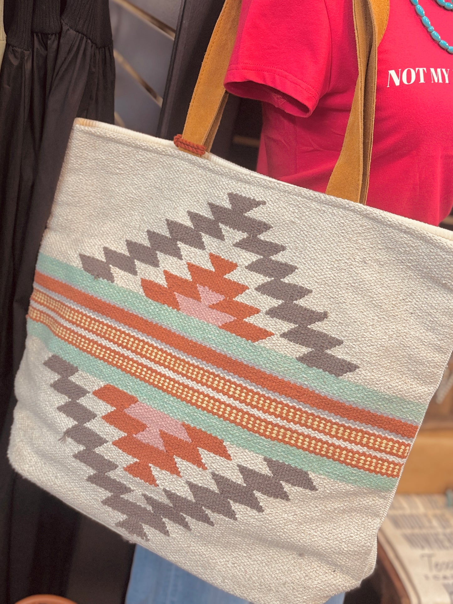 Beige, Brown & Red Aztec Tote