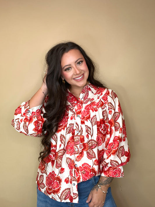 Rustic Rust Floral Collared Top