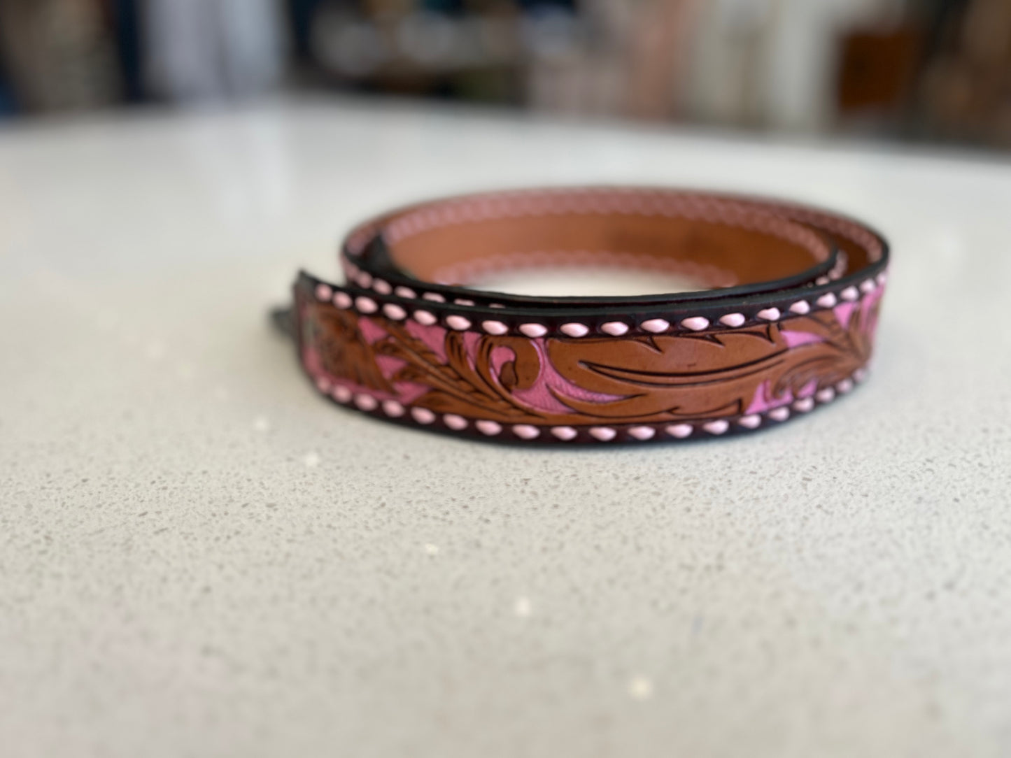 Pink Tooled Leather Bag Strap