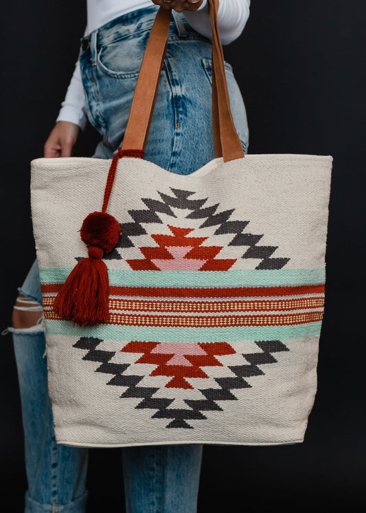 Beige, Brown & Red Aztec Tote