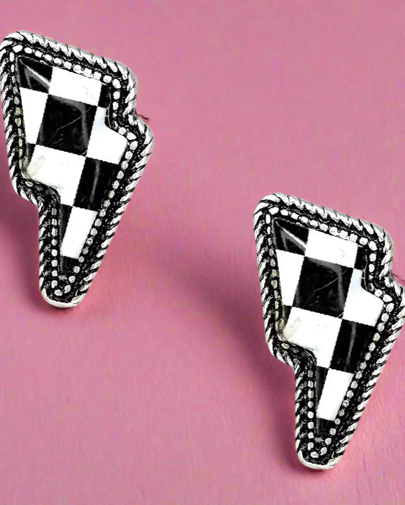 Checkered Lightning Bolt Stud Earrings