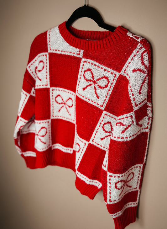 Red Bow Checkered Sweater