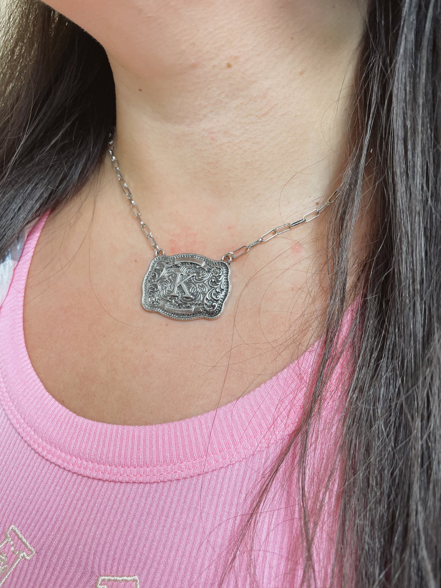 Western Belt Buckle Initial Necklace