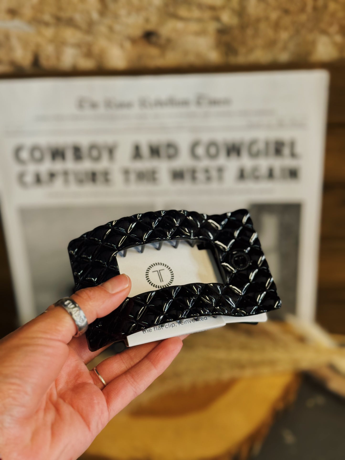 Jet Black Quilted Flat Rectangle Hair Clip