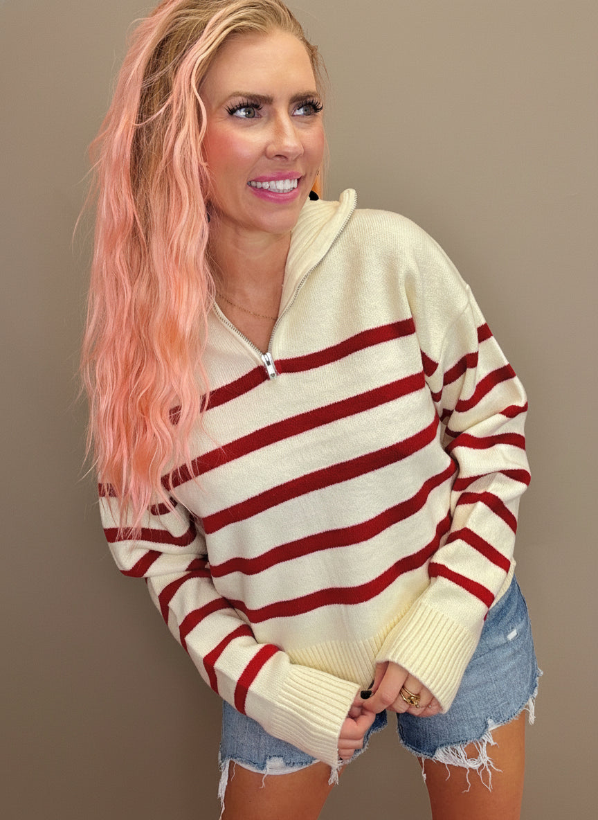 Striped & Sophisticated Half-Zip Sweater