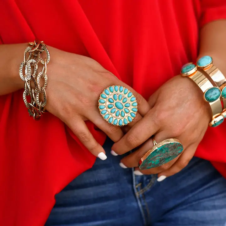 Adjustable Gold and Turquoise Cluster Ring