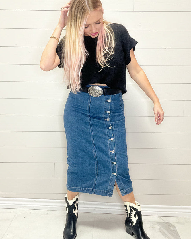 Always Chic Denim Midi Skirt