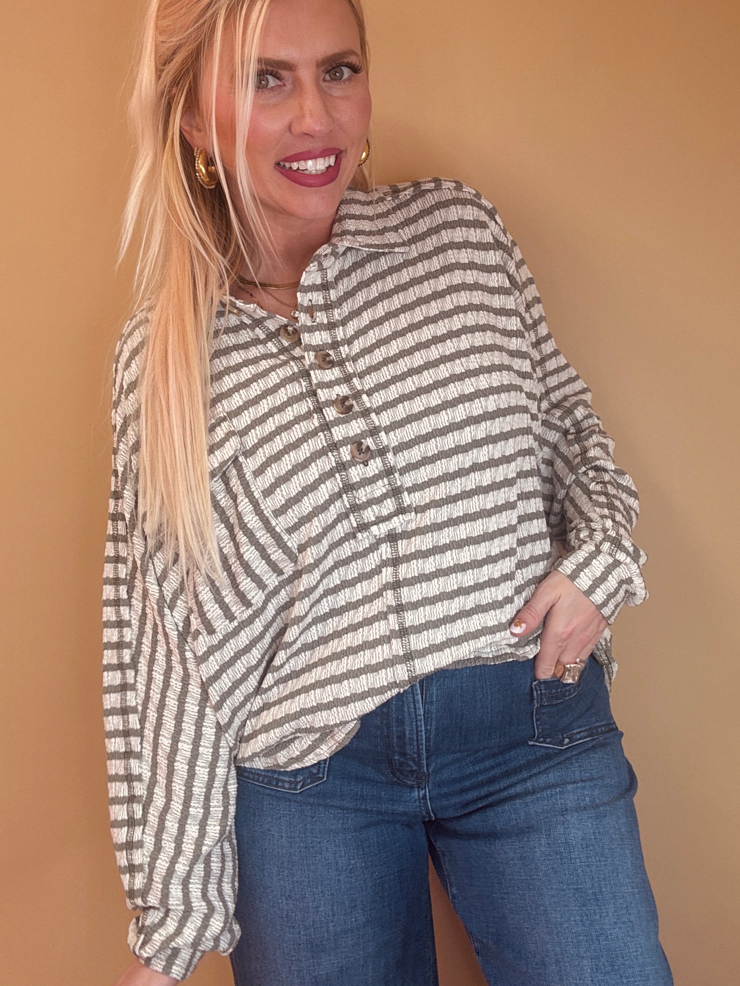The Zoey Sage Stripe Top