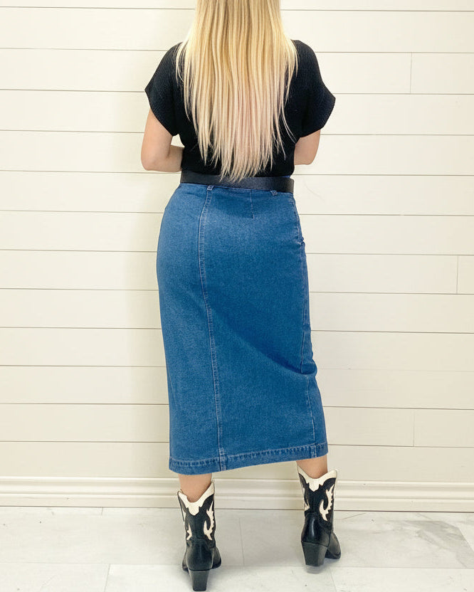 Always Chic Denim Midi Skirt