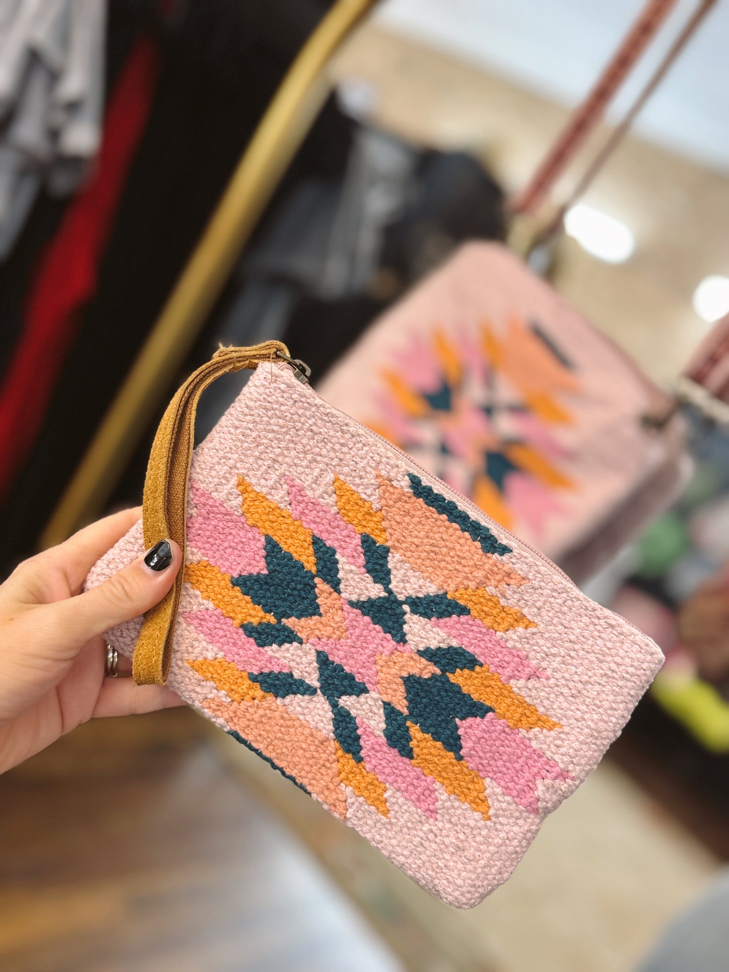 Pink, Teal & Orange Aztec Wristlet