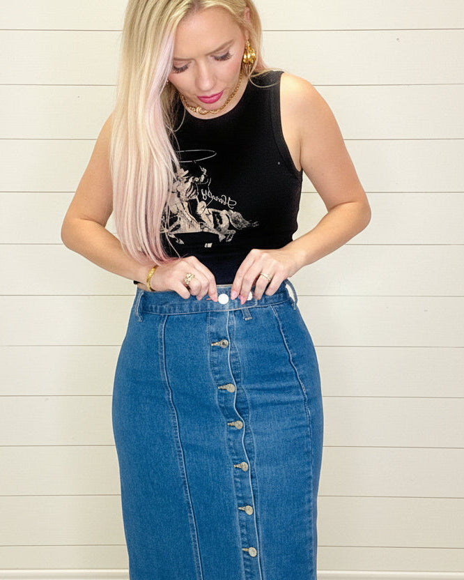 Always Chic Denim Midi Skirt