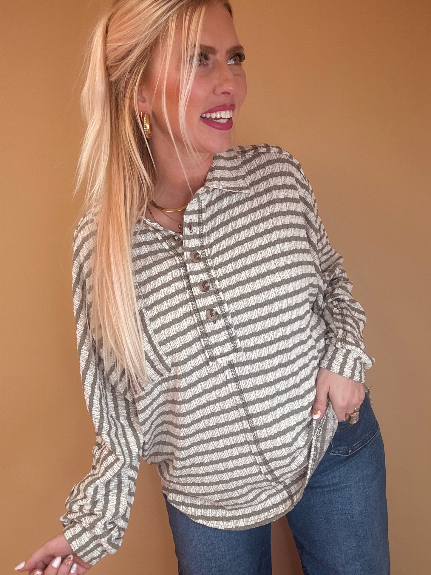 The Zoey Sage Stripe Top