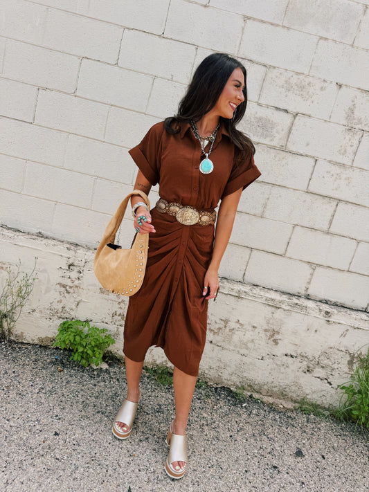 Whiskey Kiss Brown Midi Dress