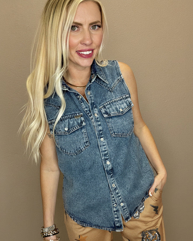 The Sadie Denim Button Down Sleeveless Shirt