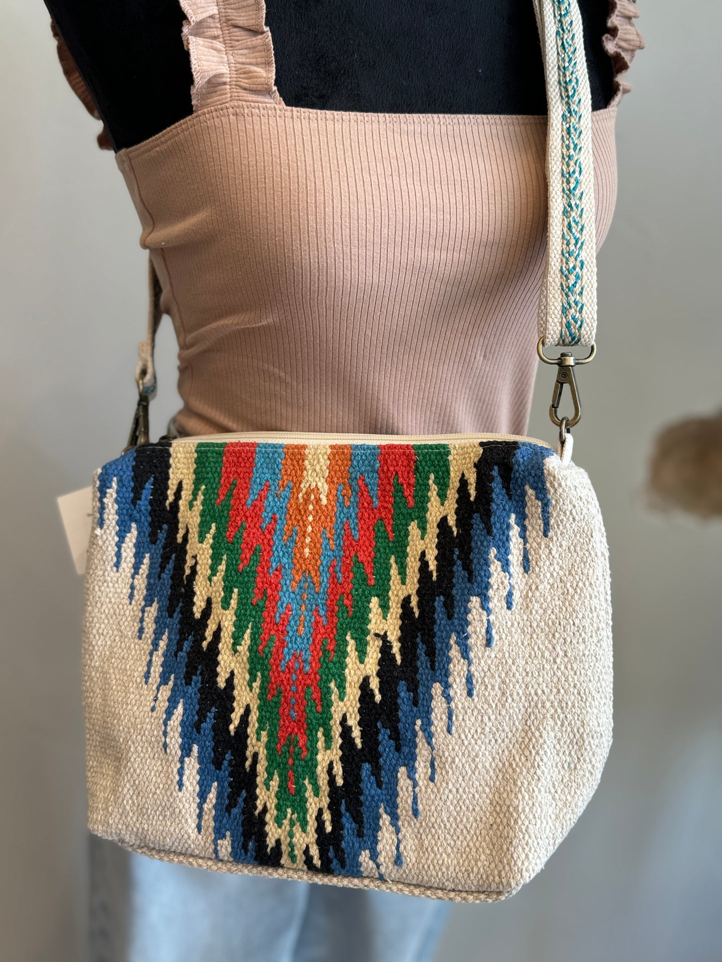 Beige & Multicolored Aztec Crossbody