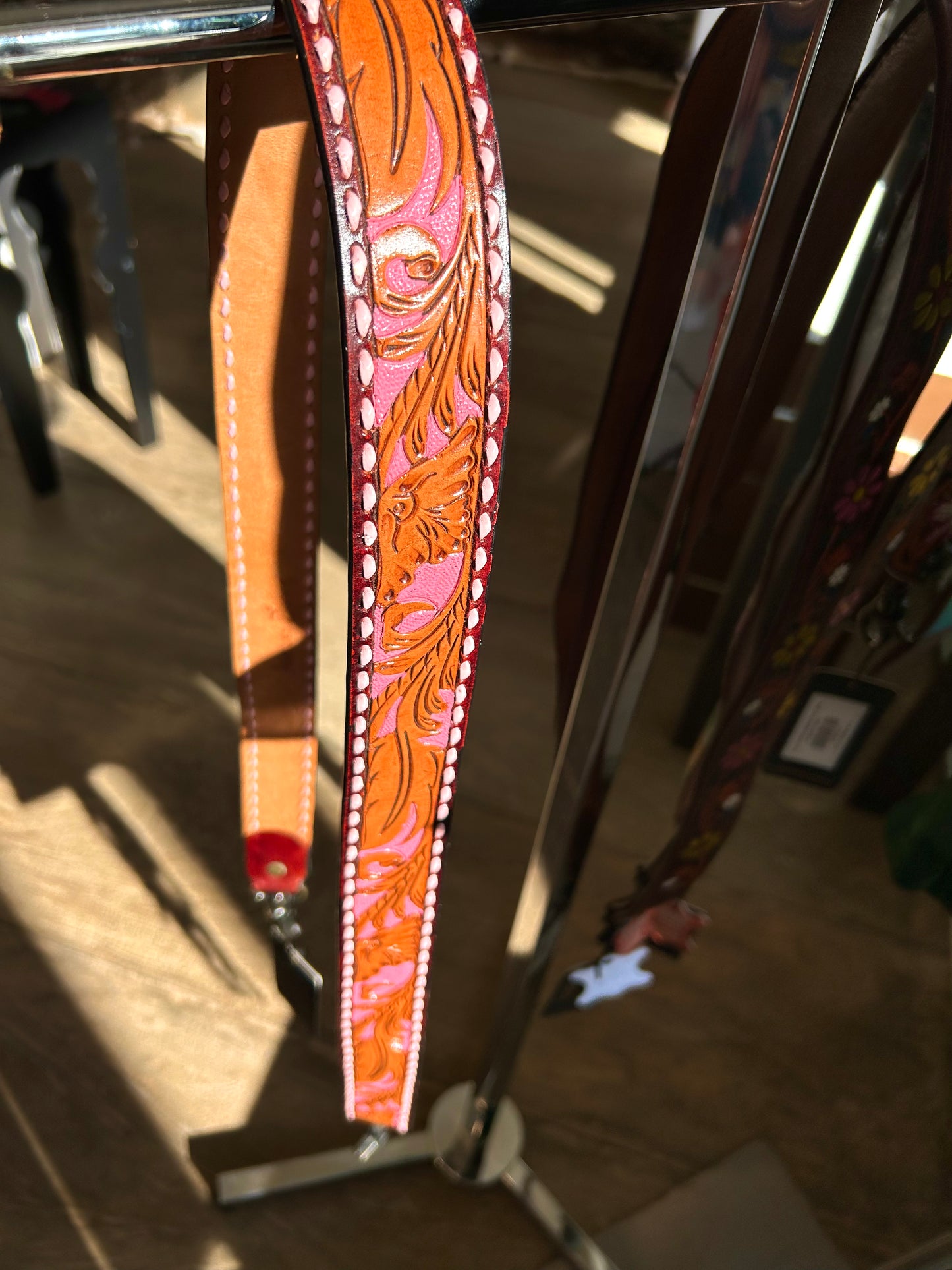 Pink Tooled Leather Bag Strap