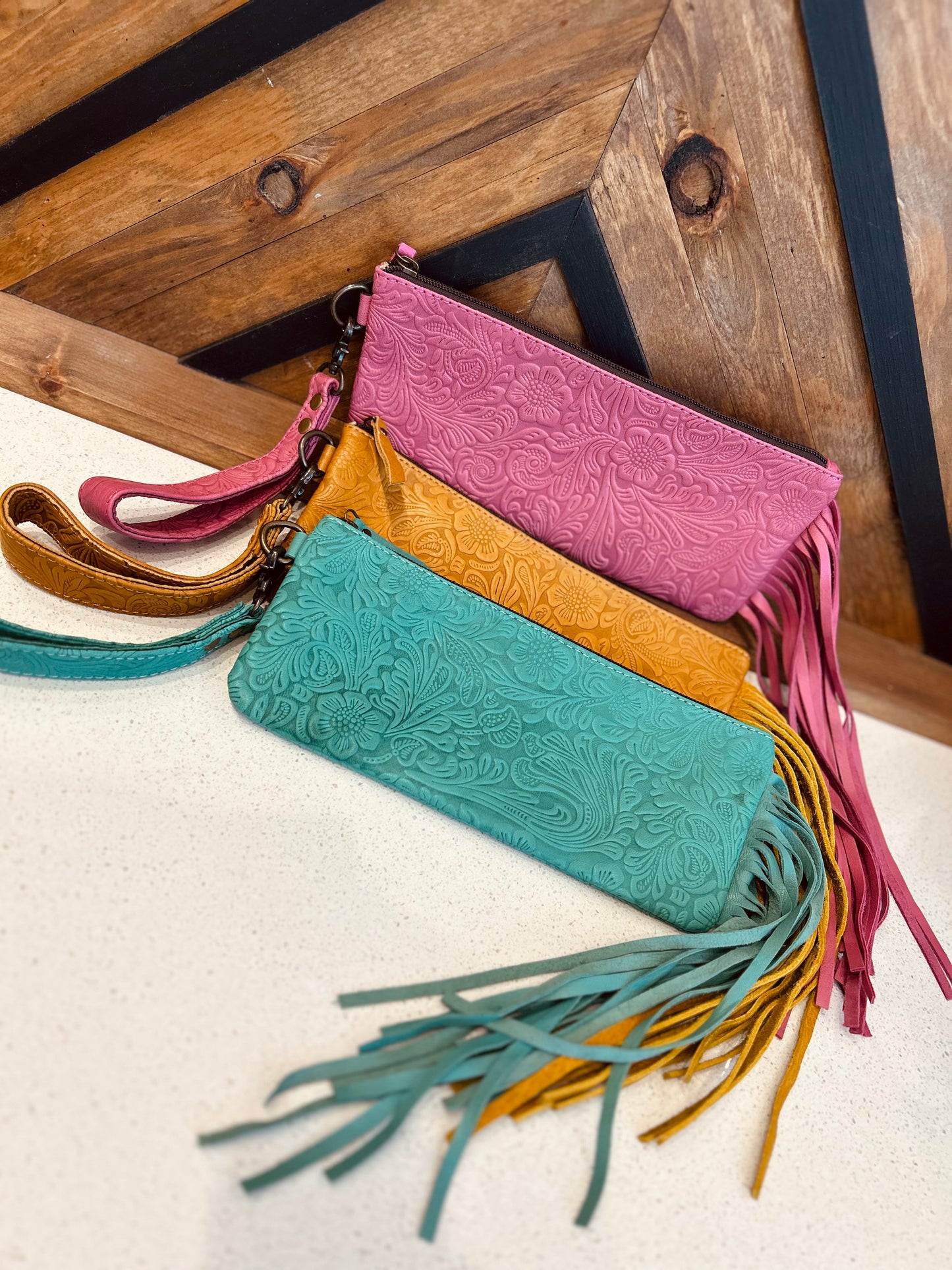 Engraved Leather Tassle Wristlet