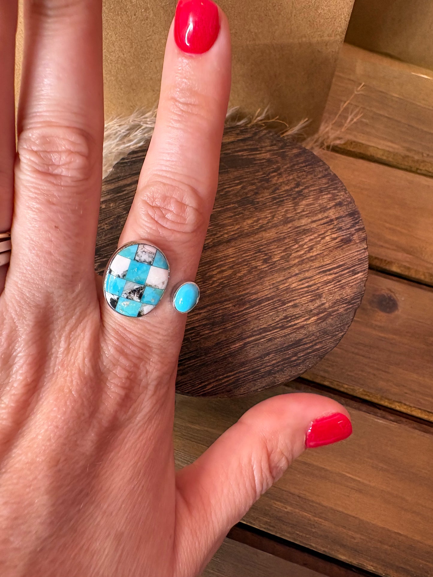 Authentic White Buff Mosiac Adjustable Ring