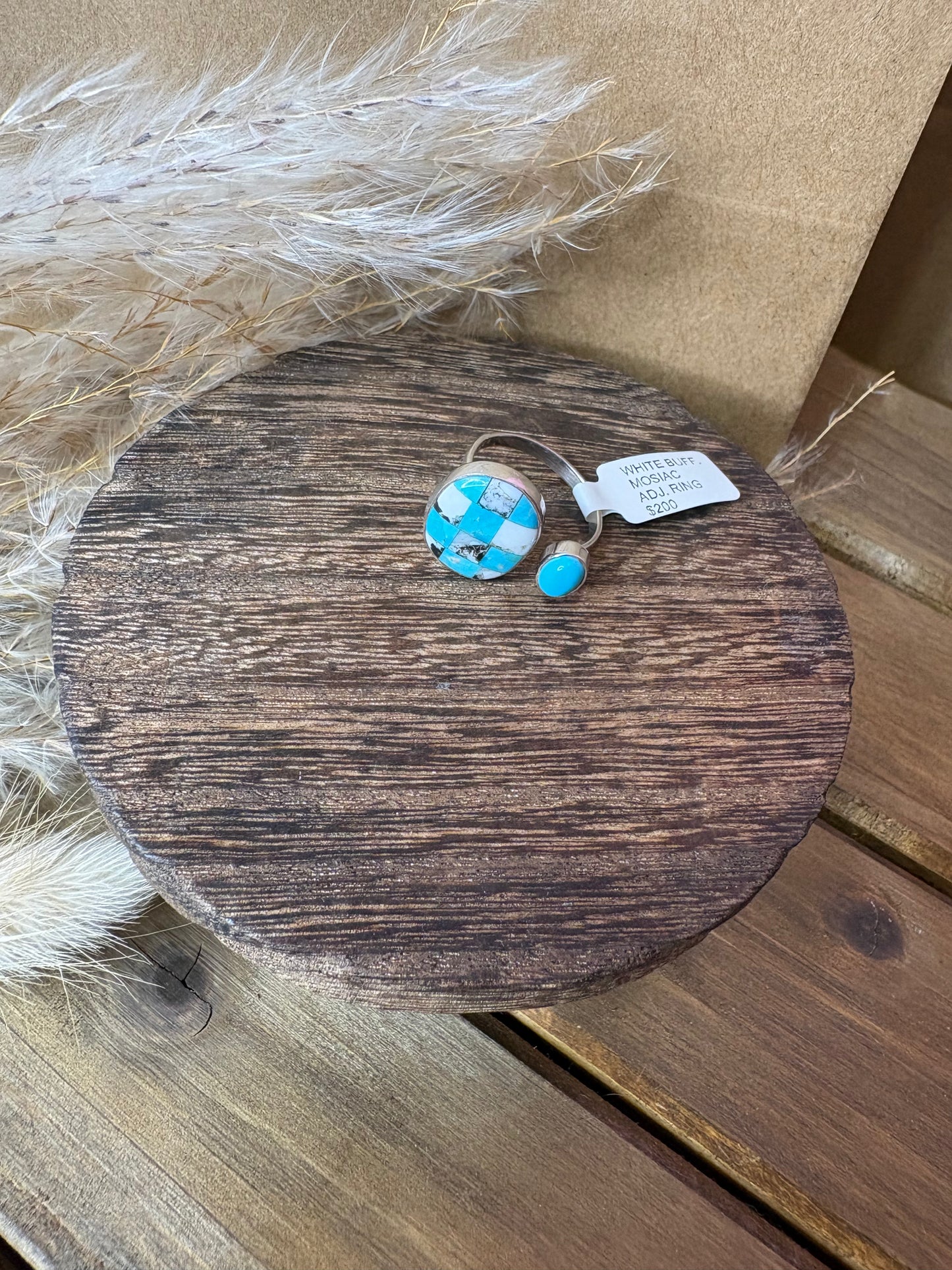 Authentic White Buff Mosiac Adjustable Ring