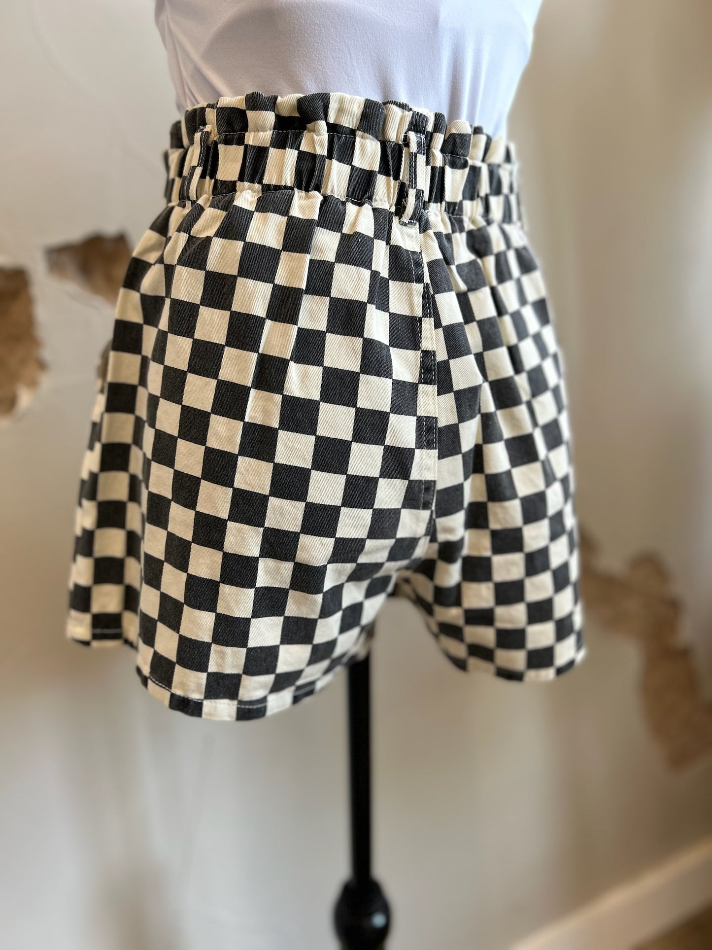 Checker Print Denim Shorts