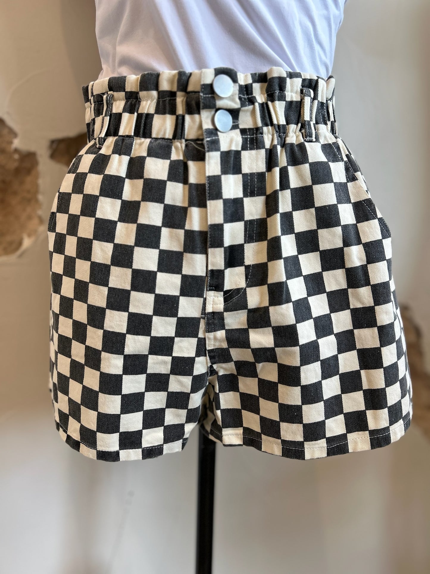 Checker Print Denim Shorts