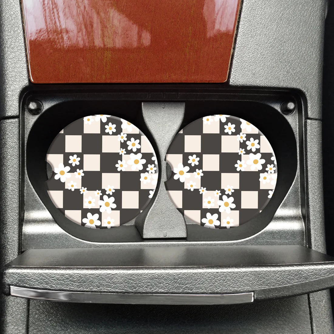 Checkered Daisies Car Coasters