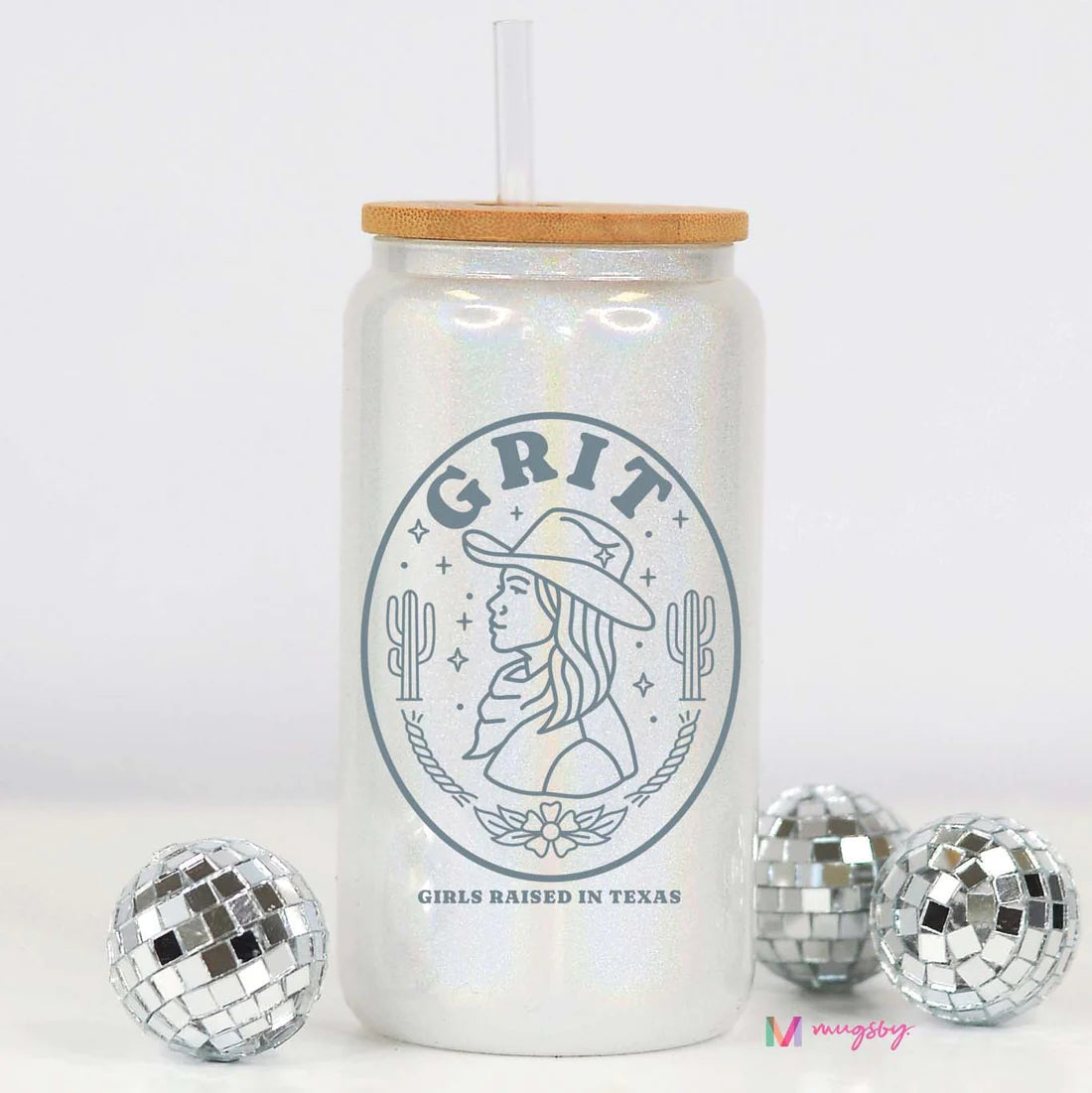 Grit (Girls raised in Texas) White Glitter Glass Cup